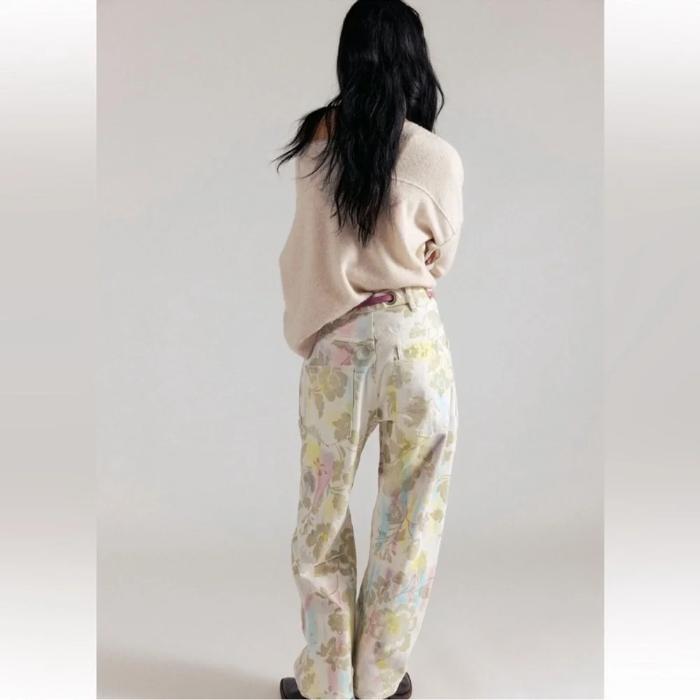 Free People We The Free Moxie Floral Printed Flocked Barrel Jeans 29